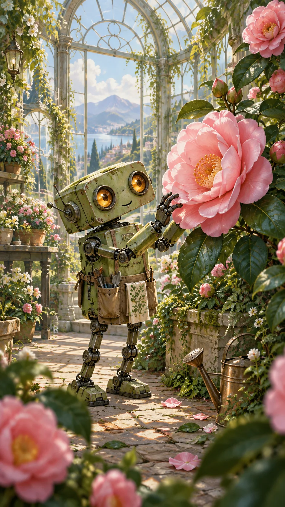 An original illustrated gardening robot surrounded by pink flowers